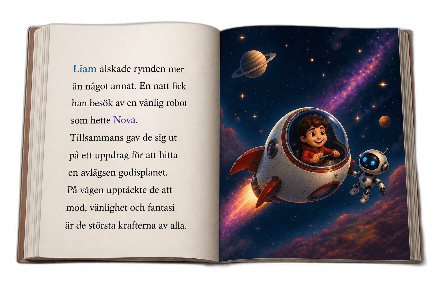 Uppslagen sagobok där Liam och roboten Nova reser genom rymden i en raket